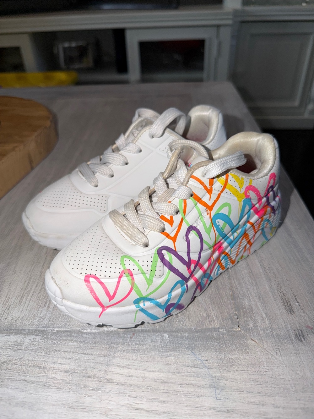 Kids White Sneakers with Colorful Heart Print